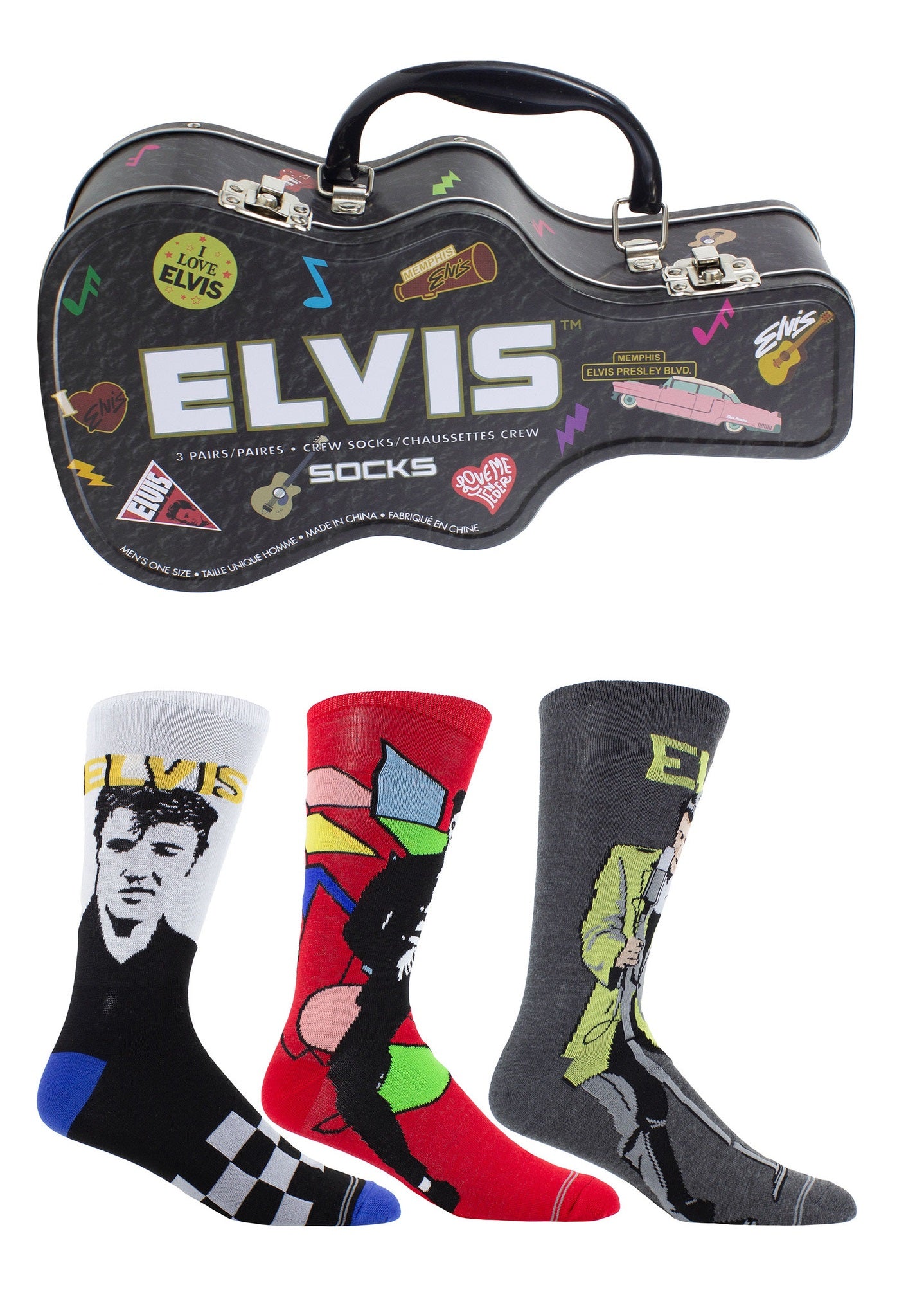 Set of Elvis-themed socks in a decorative case with various designs and colors.