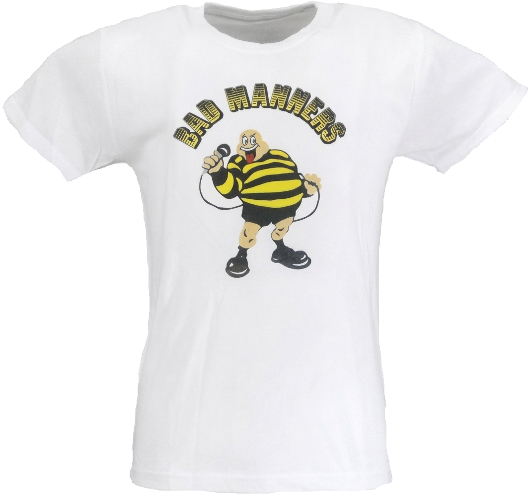 White short-sleeve crewneck t-shirt featuring a graphic of the 'Bad Manners' cartoon bee character jumping rope under the text 'BAD MANNERS' in yellow and black.
