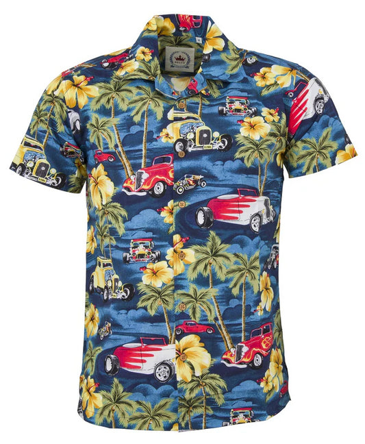 Relco Mens Retro Car Print Hawaiian Bowling Shirt