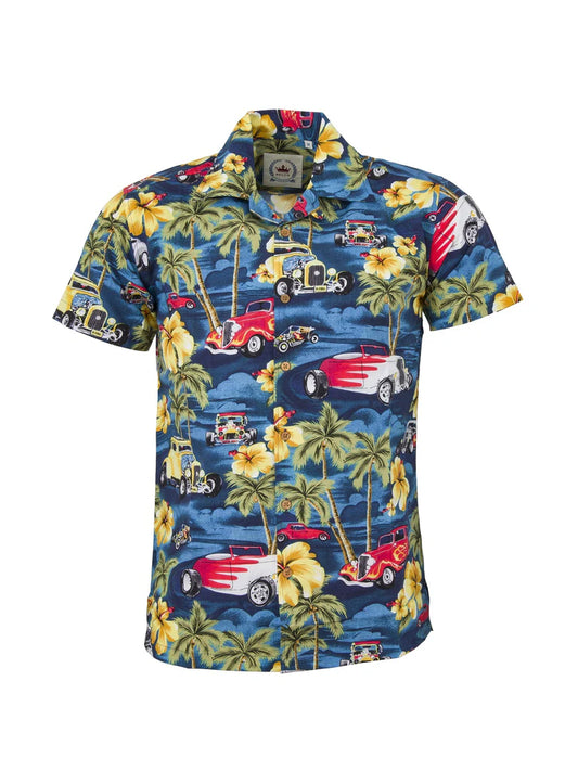 Relco Mens Retro Car Print Hawaiian Bowling Shirt