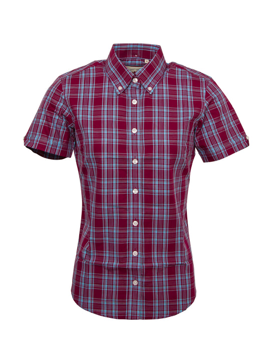 Relco Ladies Retro Burgundy/Sky Blue Check Button Down Short Sleeved Shirts