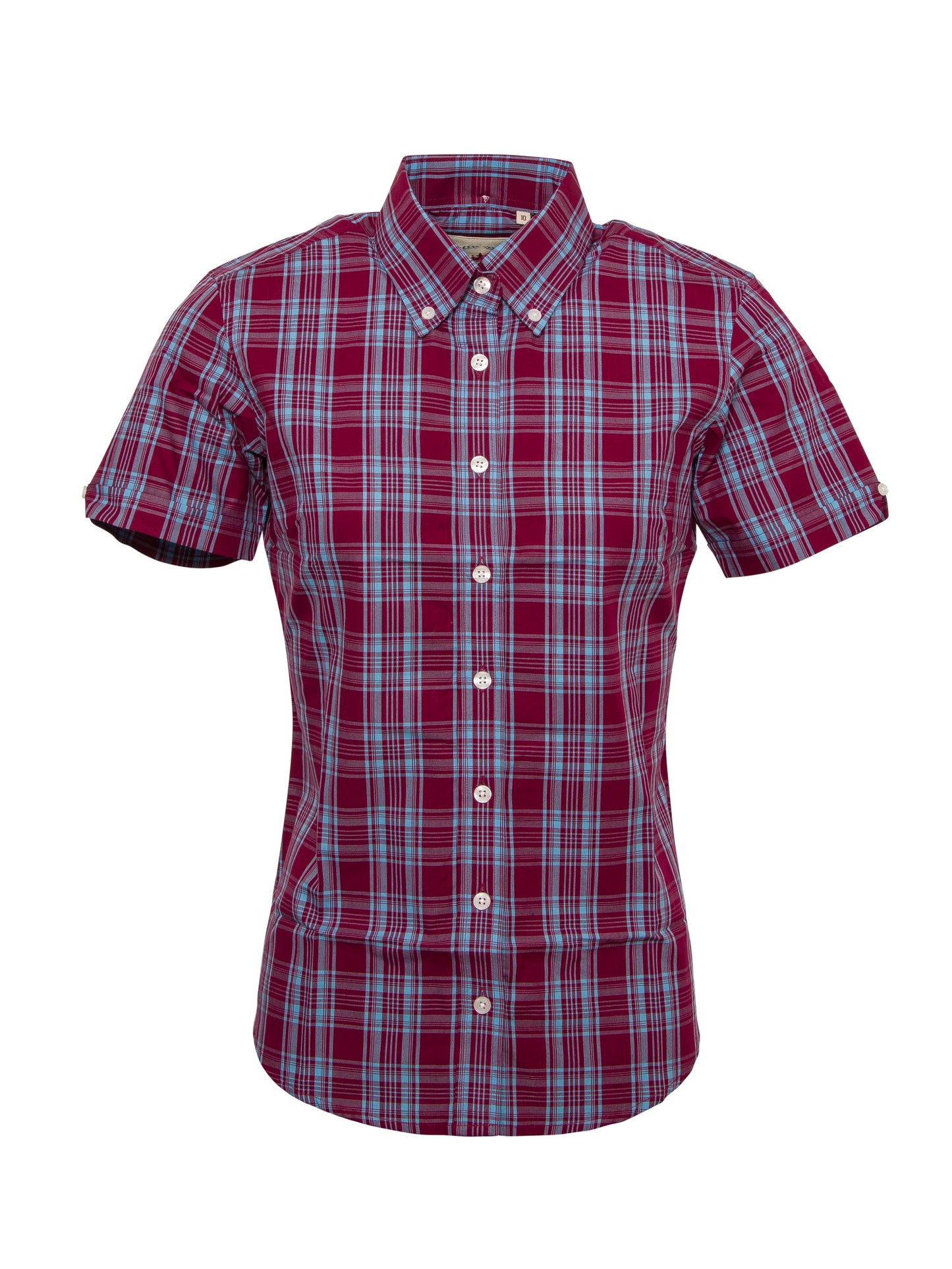 Relco Ladies Retro Burgundy/Sky Blue Check Button Down Short Sleeved Shirts