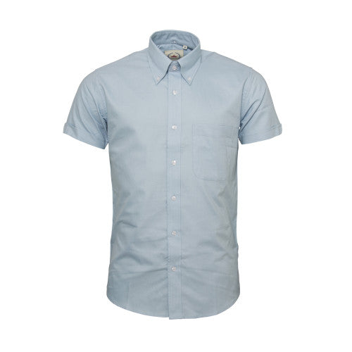Relco Mens Sky Blue Oxford Cotton Short Sleeved Retro Mod Button Down Shirt
