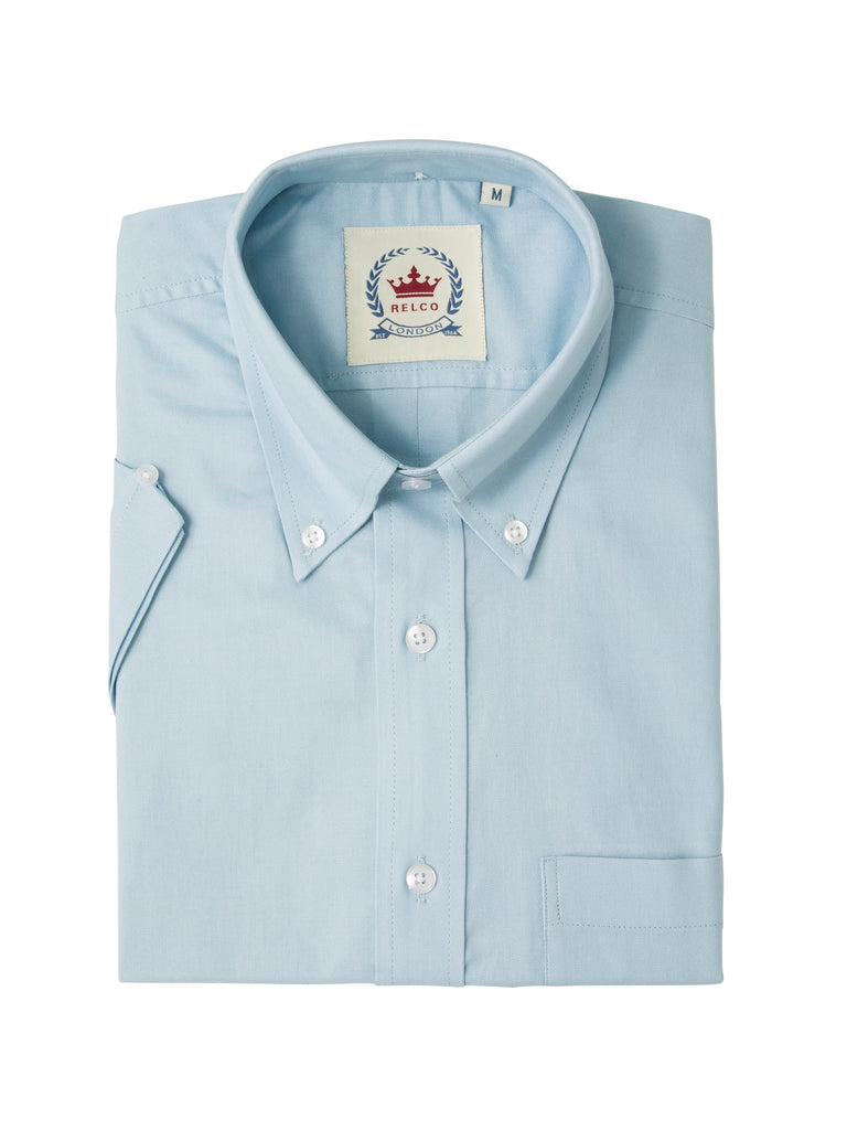 Relco Mens Sky Blue Oxford Cotton Short Sleeved Retro Mod Button Down Shirt