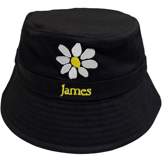 Black bucket hat with a white daisy and 'James' text on a white background