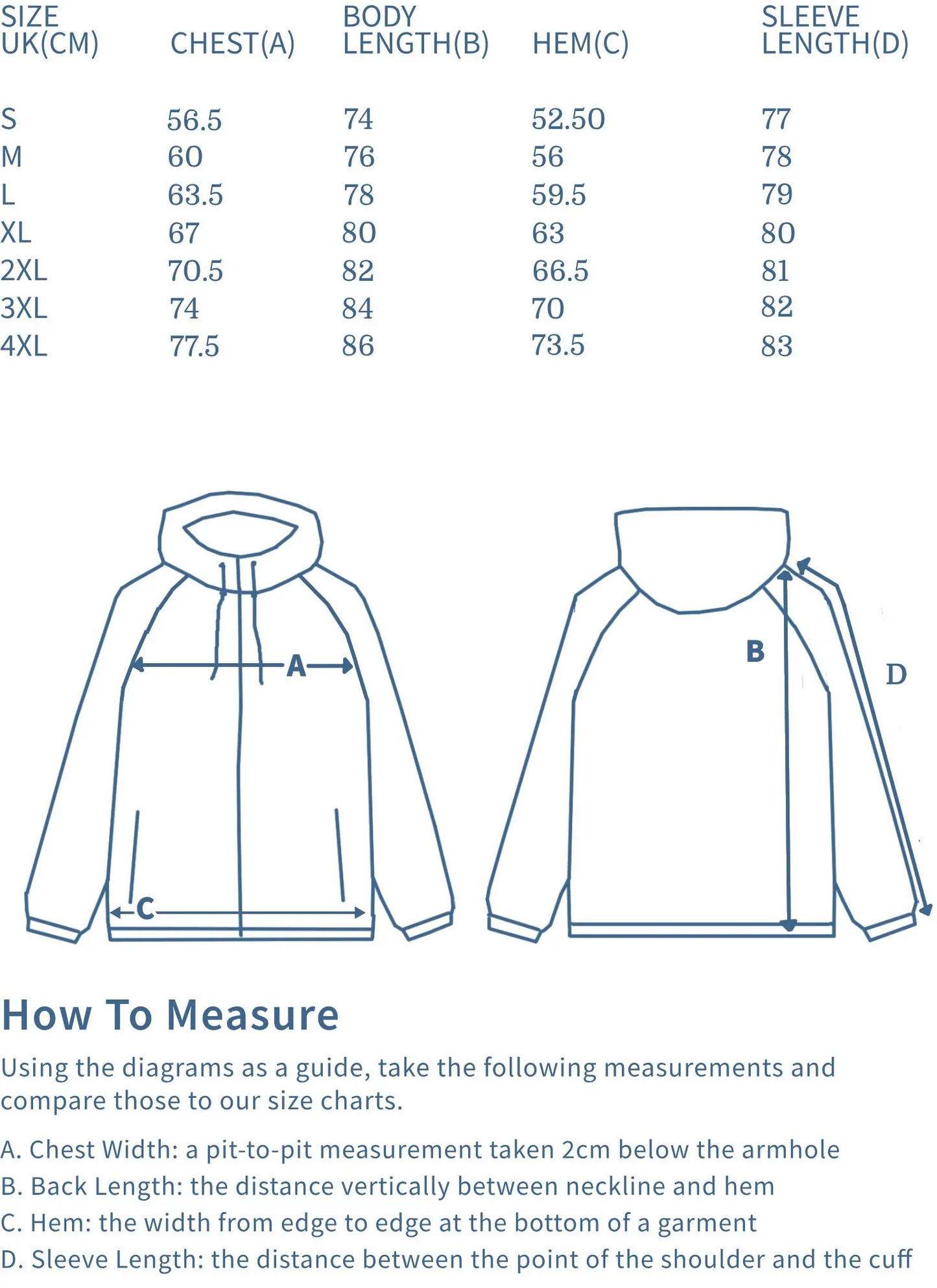 Size chart and measurement guide for a jacket with labeled parts on a white background.