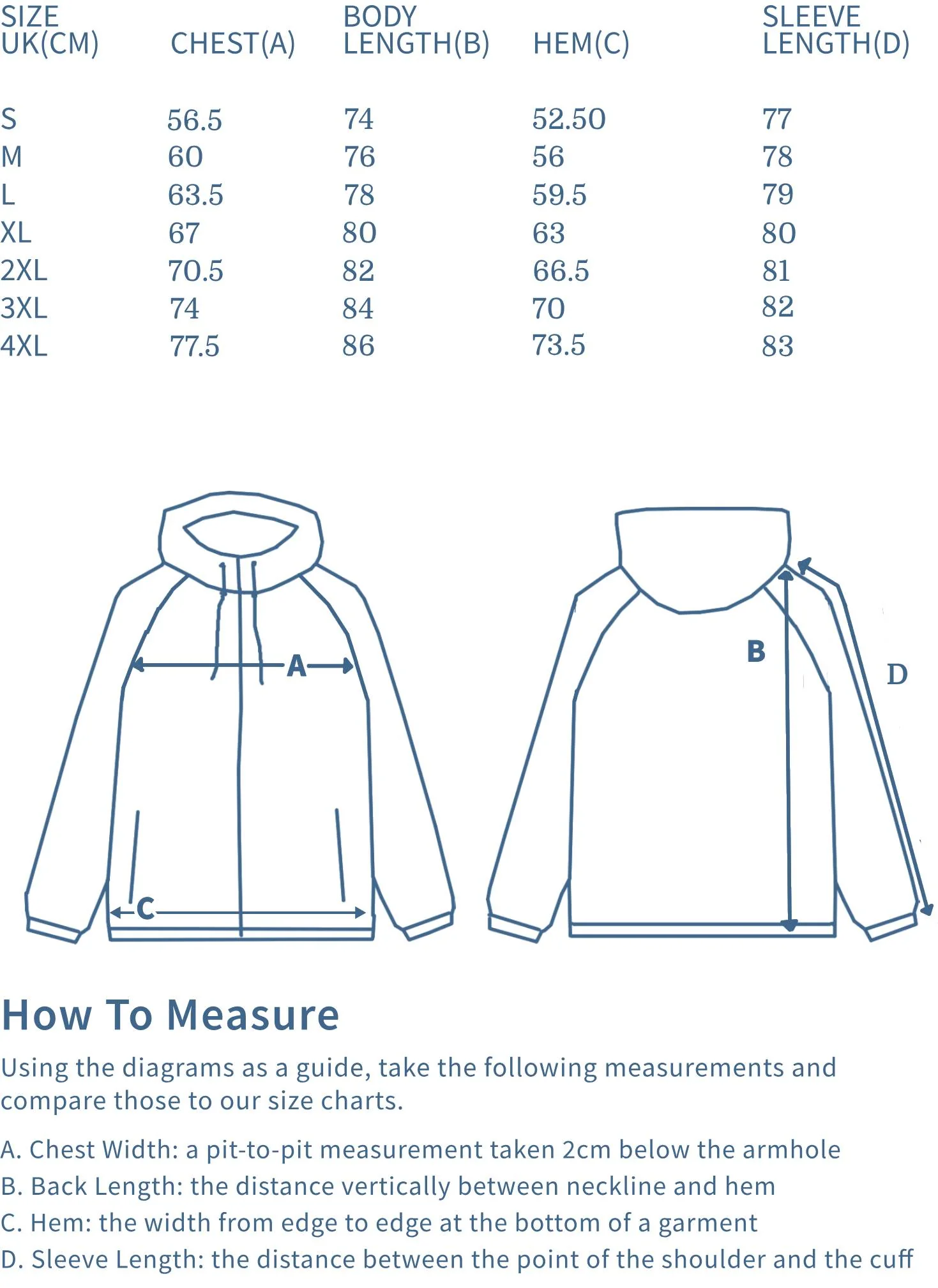 Size chart and measurement guide for a jacket with labeled parts on a white background.