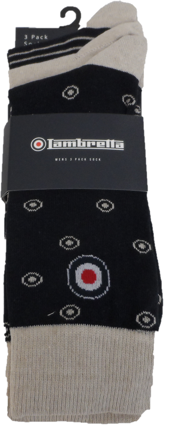 Lambretta Mens 3 Pair Pack of Navy/Stone Retro Socks
