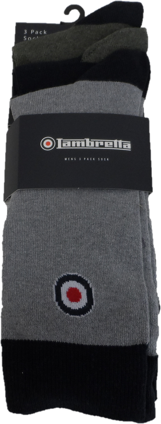 Lambretta Mens 3 Pair Pack of Grey/Navy/Khaki Retro Socks