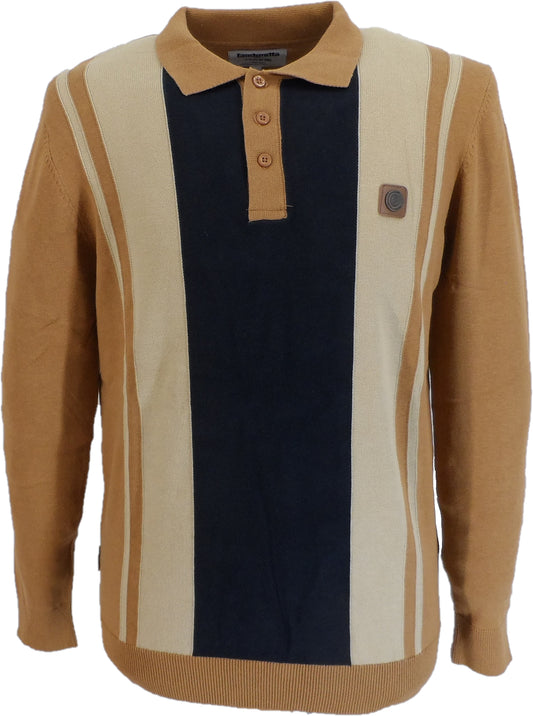 Lambretta Mens Tobacco Brown /Navy Striped Knitted Polo Shirt