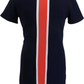 A short-sleeve crewneck t-shirt dress in navy blue, featuring a vertical center stripe with white and red panels.
