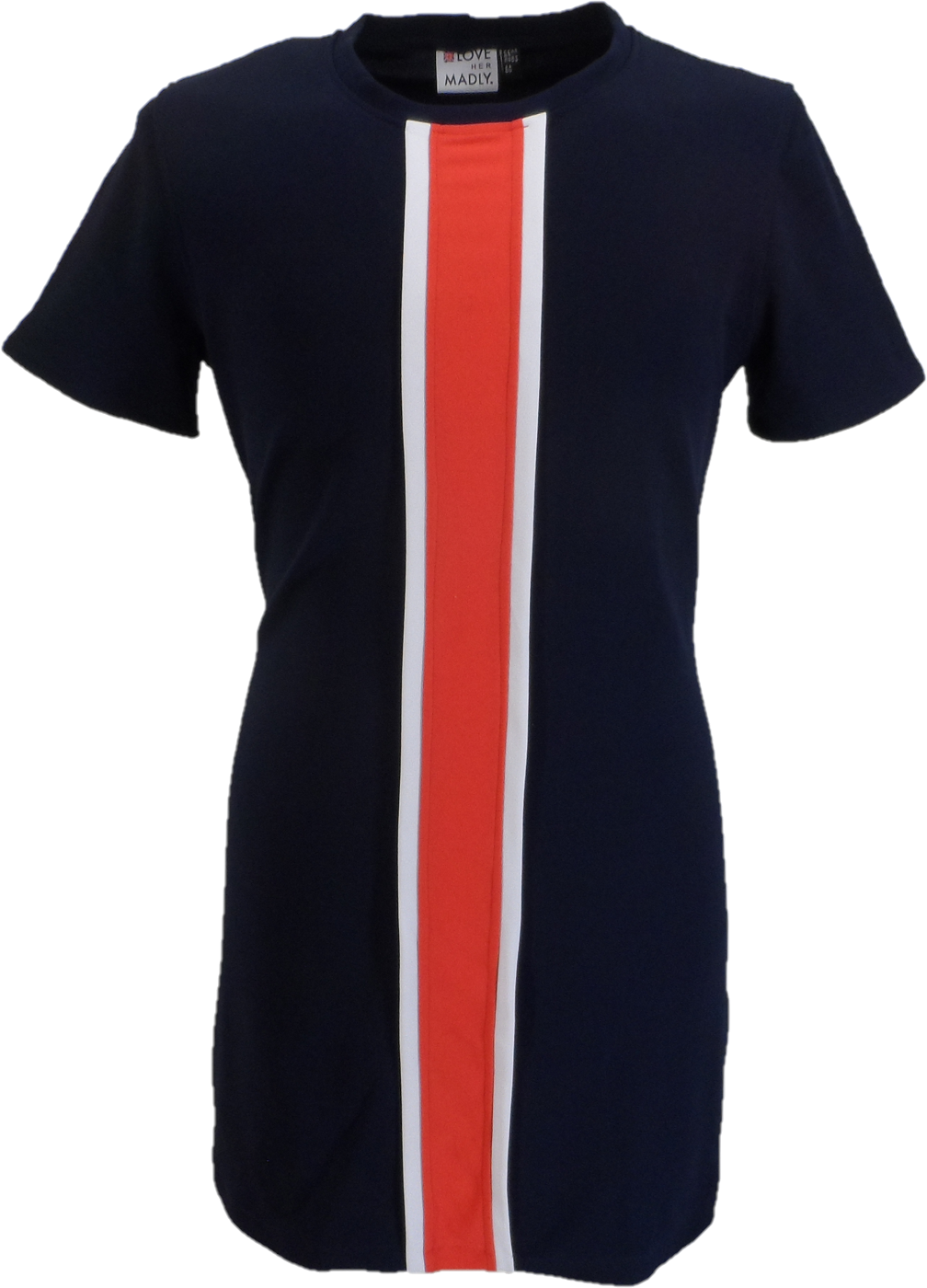 A short-sleeve crewneck t-shirt dress in navy blue, featuring a vertical center stripe with white and red panels.