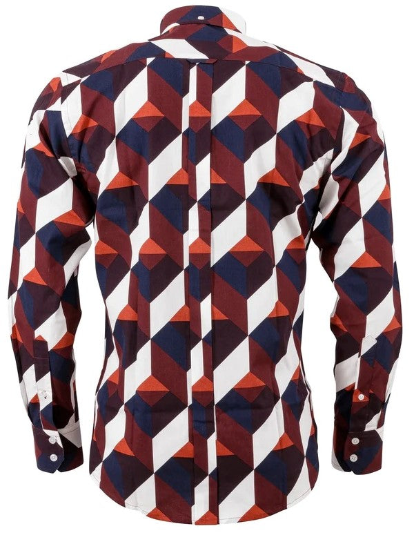 Relco Mens Burgundy/Red/White Geometric Print Long Sleeved Shirt