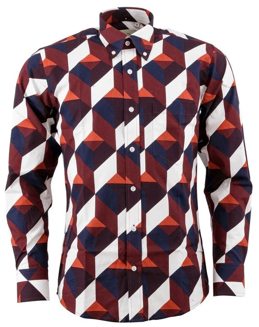 Relco Mens Burgundy/Red/White Geometric Print Long Sleeved Shirt