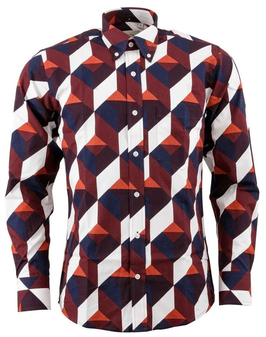 Camicia a maniche lunghe con stampa geometrica Relco da uomo bordeaux/rosso/bianco