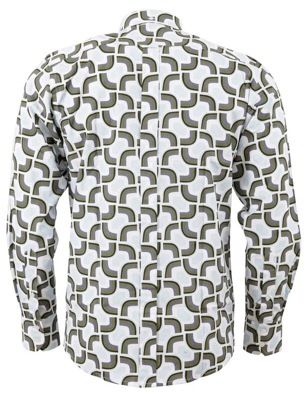 Relco Herre Hvid/Blå/Grå Langærmet Skjorte Med Geometrisk Print