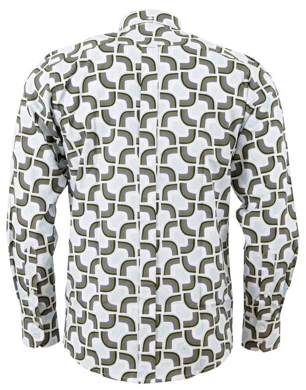 Relco Mens White/Blue/Grey Geometric  Print Long Sleeved Shirt