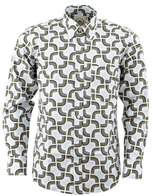 Relco Mens White/Blue/Grey Geometric  Print Long Sleeved Shirt