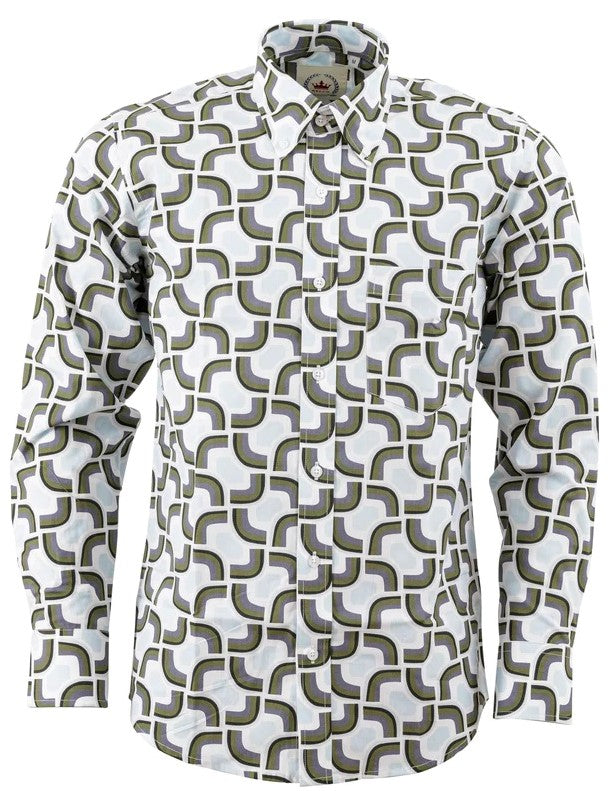 Camisa de manga larga con estampado geométrico blanco/azul/gris Relco para hombre