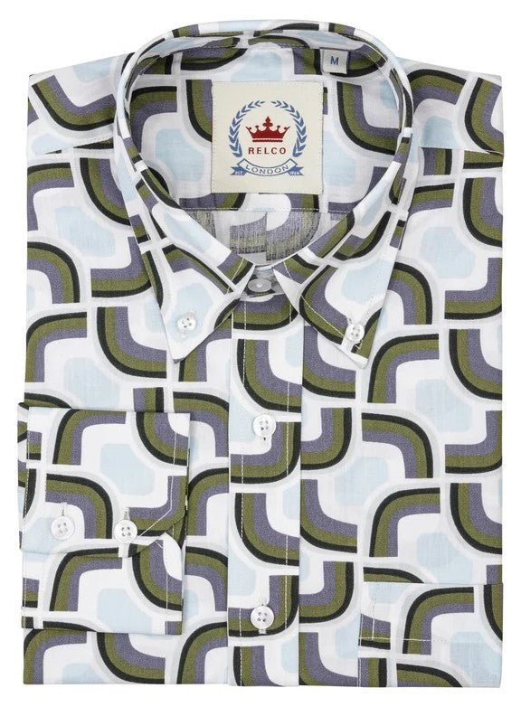 Relco Herre Hvid/Blå/Grå Langærmet Skjorte Med Geometrisk Print