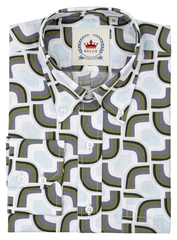 Camisa de manga larga con estampado geométrico blanco/azul/gris Relco para hombre