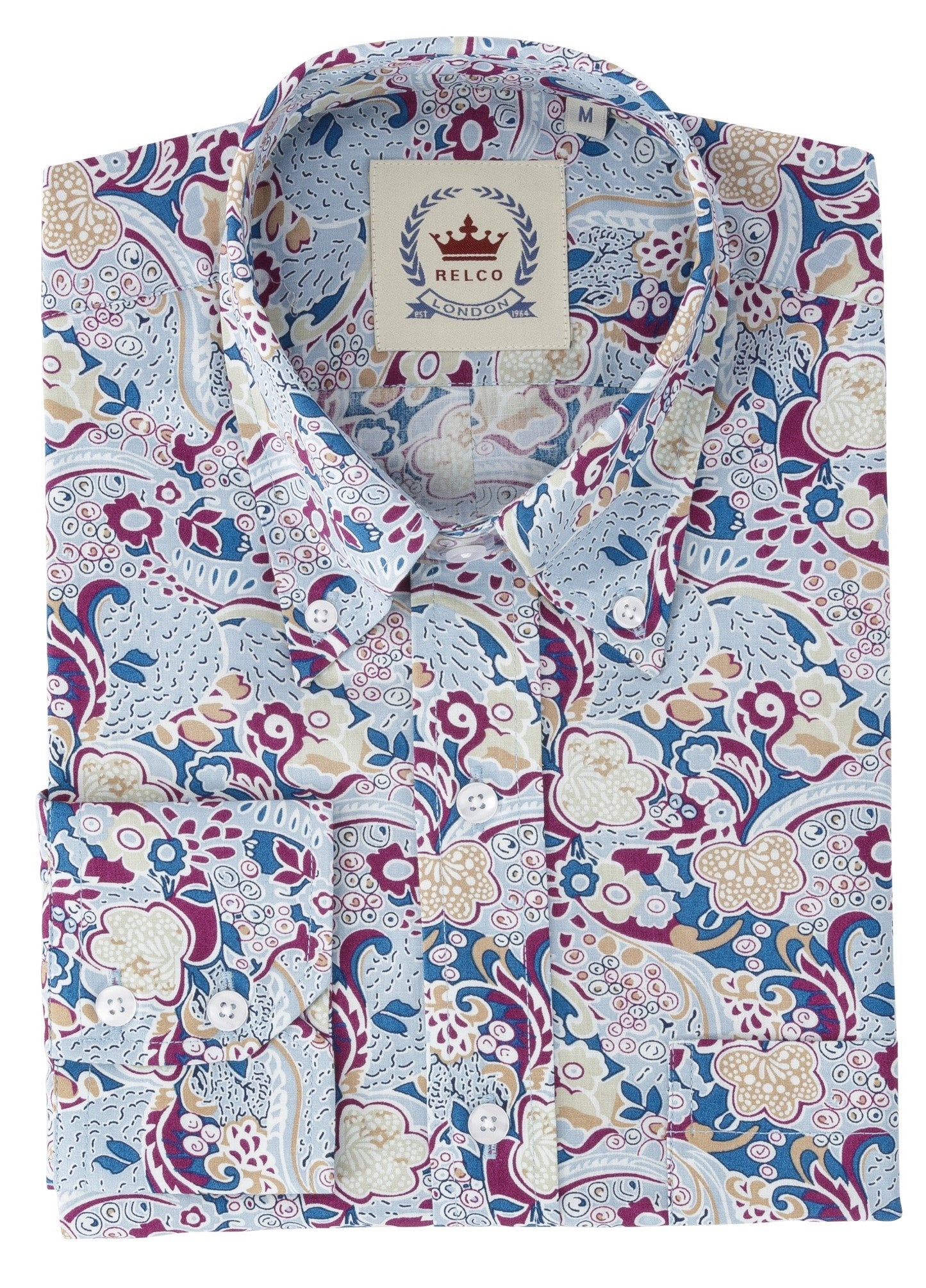 Relco blå multi paisley langærmet retro-mod button down skjorte