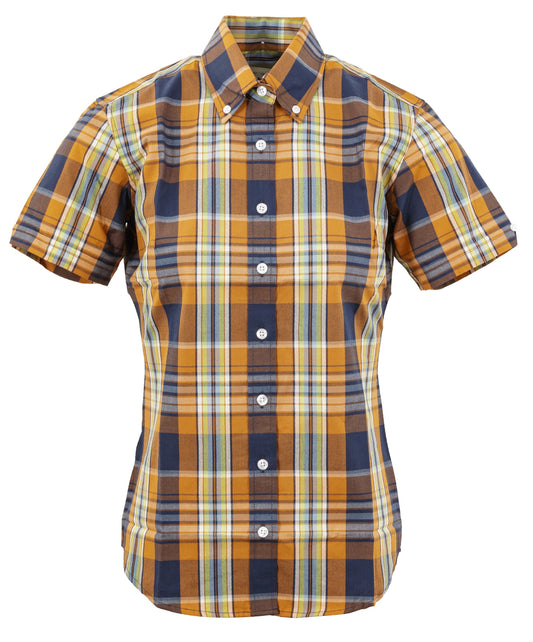 Relco Ladies Retro Orange Check Button Down Short Sleeved Shirts