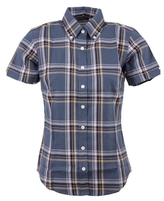 Relco Ladies Retro Gunmetal Grey Check Button Down Short Sleeved Shirts