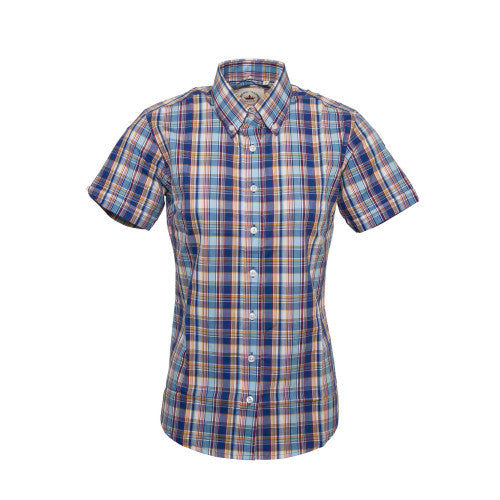 Relco Ladies Retro Blue Check Limited Edition Button Down Short Sleeved Shirts