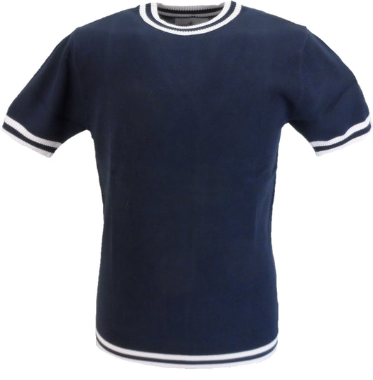 Madcap England Mens Navy Blue Stripe Short Sleeve Mod Knit Jumper