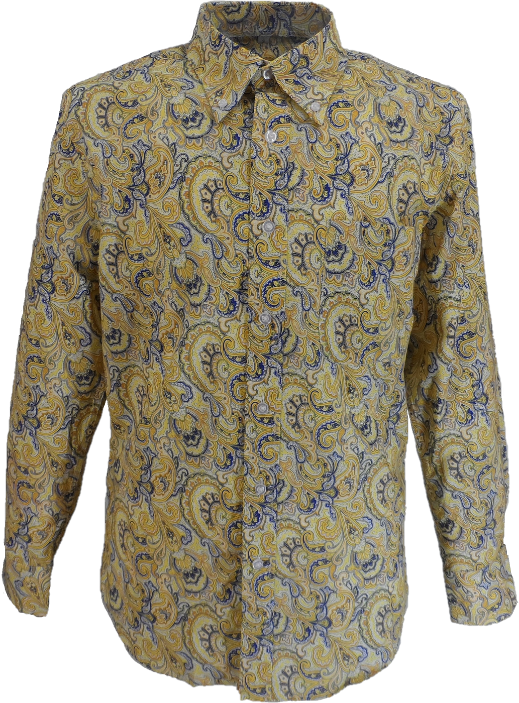 Camisa paisley retro amarilla mostaza para hombre de los años 60 y 70