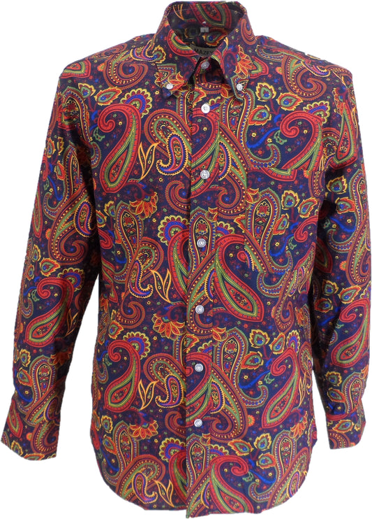 Mazeys Mens 60s 70s Navy Multi Retro Paisley Shirt