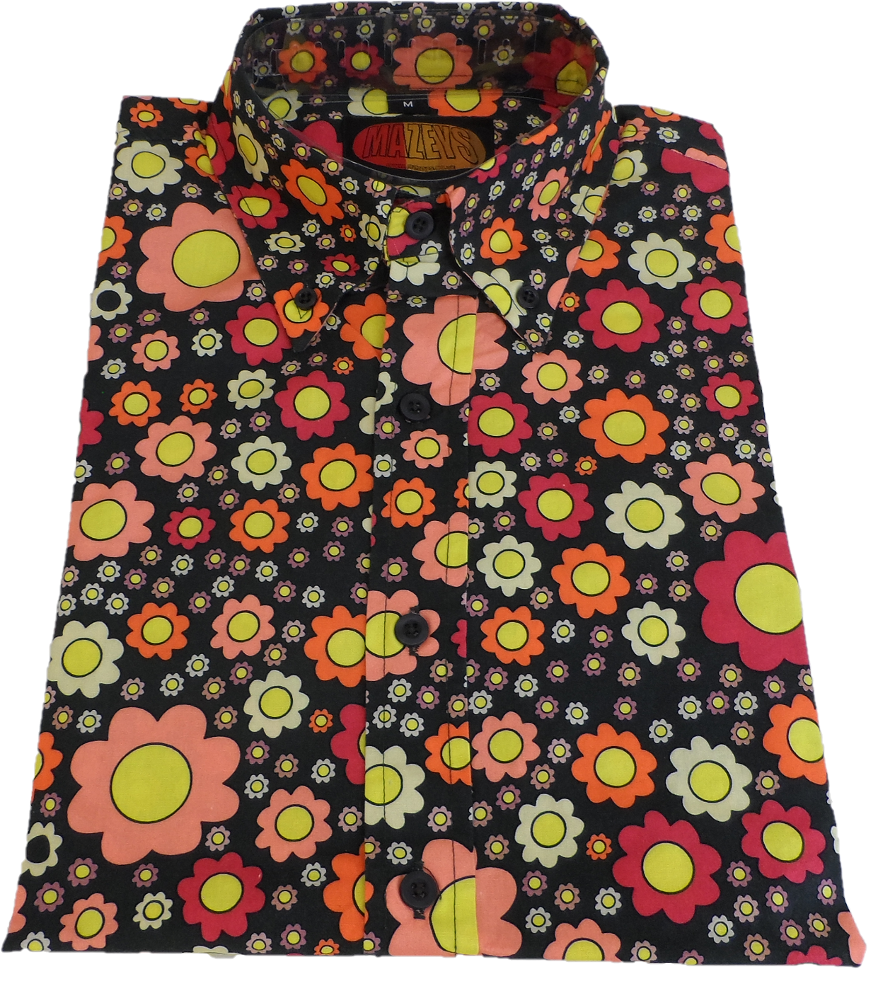 Mazeys Mens Retro Black Trippy Floral Shirt