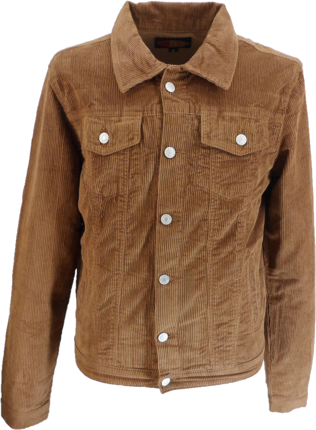 A brown corduroy jacket with a collar, button-up front, and two chest flap pockets, shown on a plain white background.