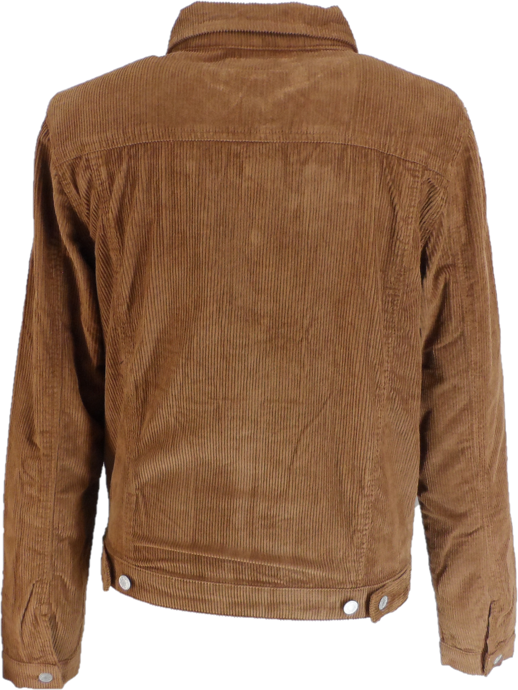 A brown corduroy jacket shown from the back, featuring a classic collar and button details at the hem and cuffs, set against a plain white background.