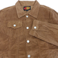 A brown corduroy jacket with silver snap buttons, laid flat against a white background.