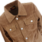 A close-up of a brown corduroy jacket with silver metal buttons, showing the collar and front chest pockets against a plain white background.
