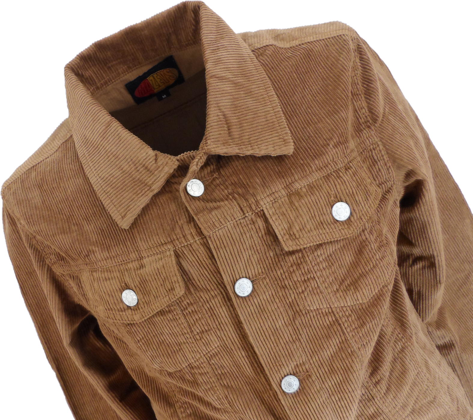 A close-up of a brown corduroy jacket with silver metal buttons, showing the collar and front chest pockets against a plain white background.