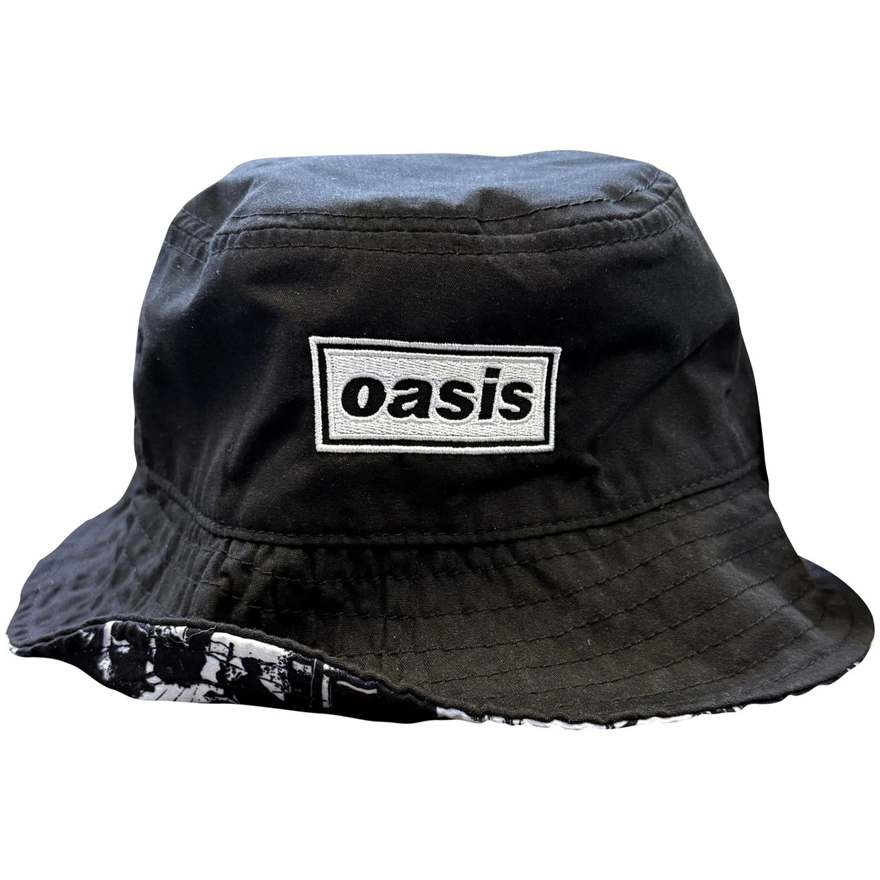 Black bucket hat with 'oasis' logo on a white background