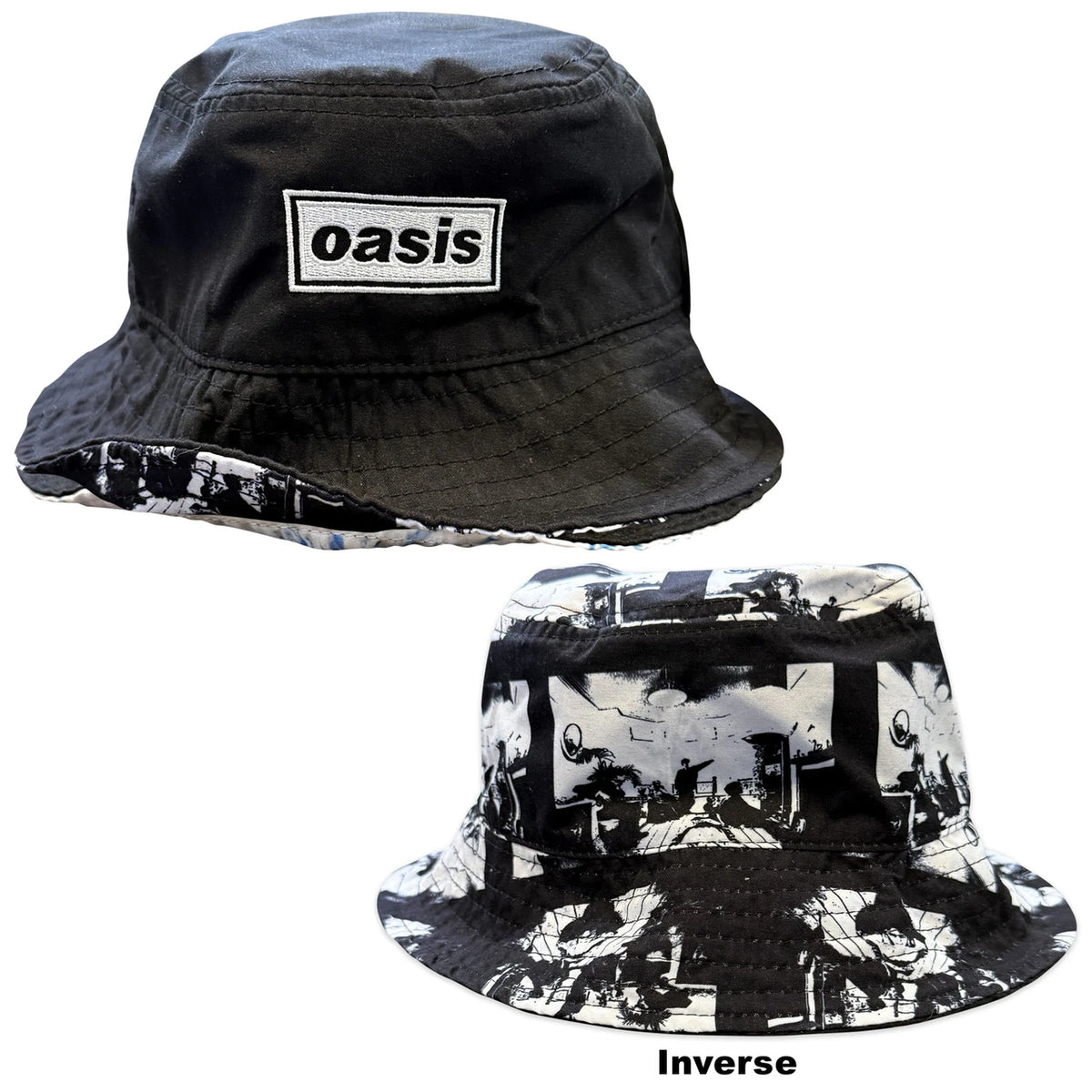 Black bucket hat with 'oasis' logo on front and reversible patterned brim.