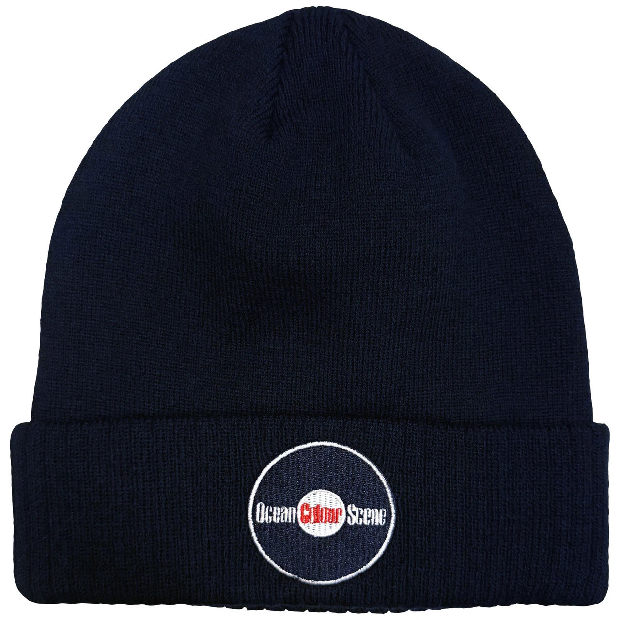 Navy beanie with a logo on a white background