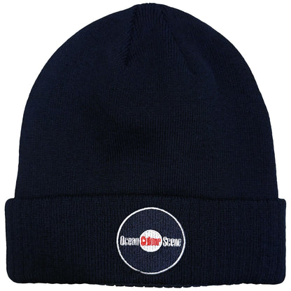 Navy beanie with a logo on a white background
