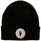 Black beanie with a logo patch on a white background