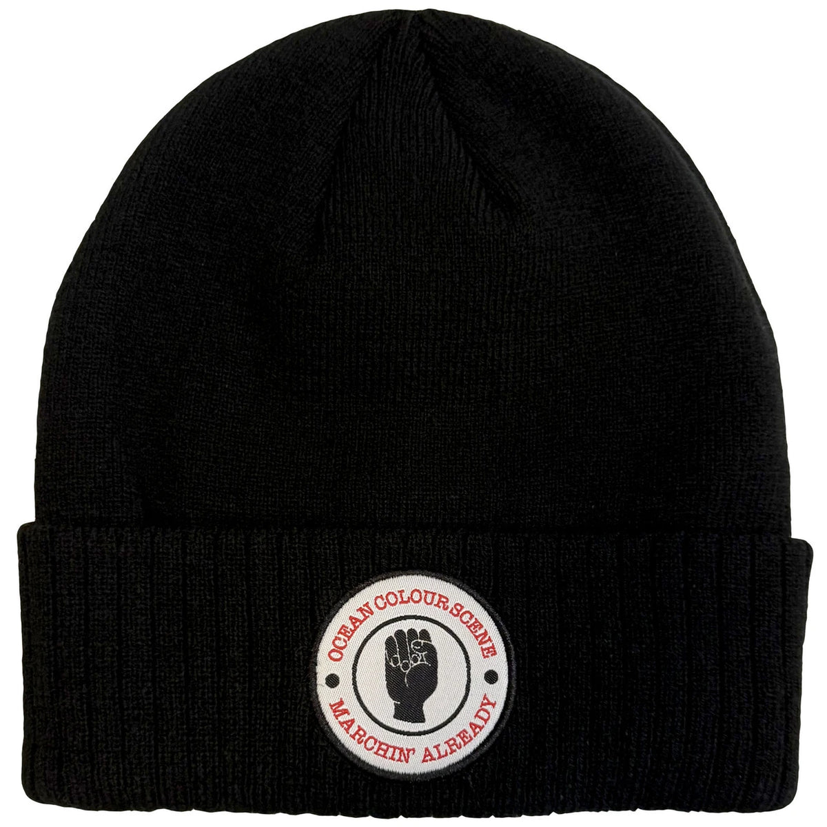 Black beanie with a logo patch on a white background