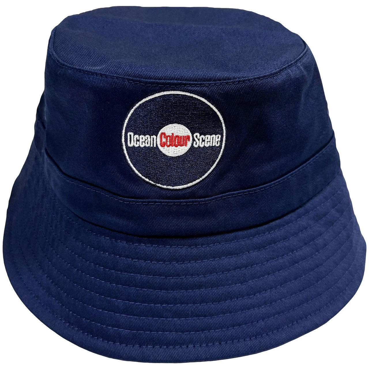 A navy blue bucket hat featuring an embroidered circular logo on the front that reads 'Ocean Colour Scene' with 'Ocean' in white and 'Colour Scene' in red.