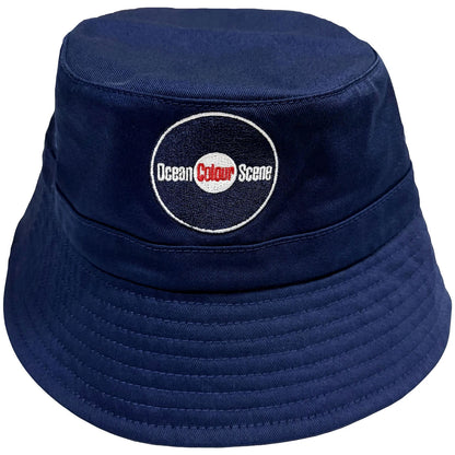 A navy blue bucket hat featuring an embroidered circular logo on the front that reads 'Ocean Colour Scene' with 'Ocean' in white and 'Colour Scene' in red.