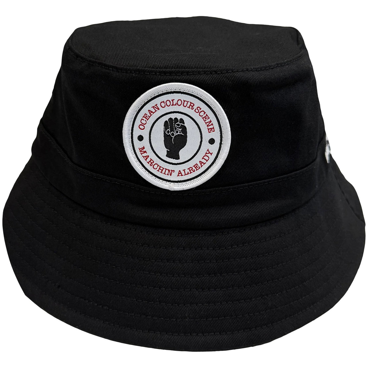 A black bucket hat featuring a circular embroidered patch on the front with a raised fist graphic and the text 'OCEAN COLOUR SCENE' and 'MARCHIN' ALREADY'.