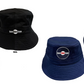 Two bucket hats shown from the front and back side on a plain white background: one black hats and one  navy blue hats, each with a circular 'Ocean Colour Scene' logo patch on the front.