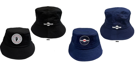 Two bucket hats shown from the front and back side on a plain white background: one black hats and one  navy blue hats, each with a circular 'Ocean Colour Scene' logo patch on the front.