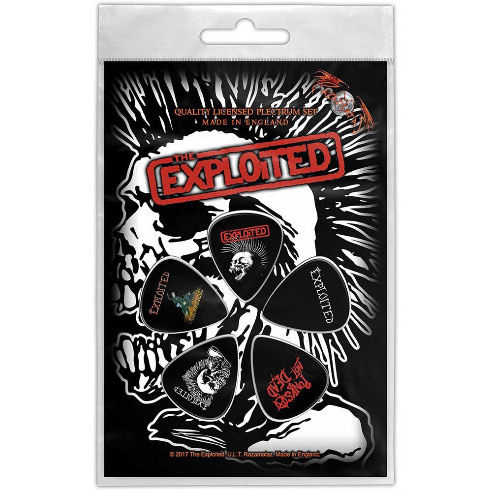 Pack of guitar picks with 'The Exploited' branding on a black and white design.